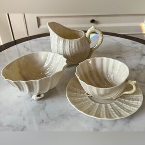 Vintage Belleek Neptune Cream Sugar Teacup Saucer. Irish fine china. Pristine.